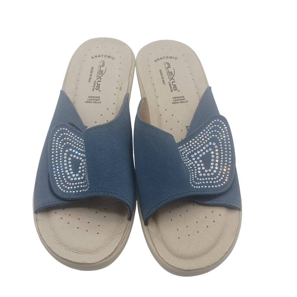 Flexus Slide Sandals Womens 9 Blue Excellent Leather Rhinestone Made in Italy